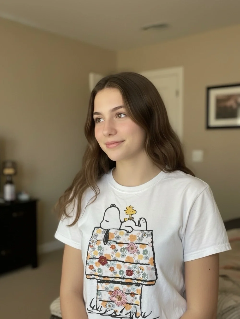 Peanuts White Short Sleeve Tee with Floral Snoopy & Woodstock Graphic XS - Picture 2 of 5